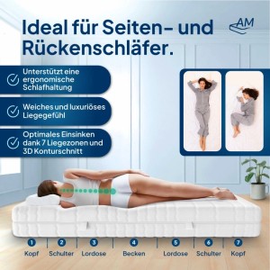 AM Premium 7-Zonen Gelmatratze 160x200 cm mit Liegezonen und Bezug. Frau liegt auf der Matratze.
