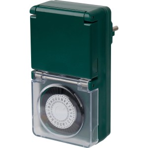 Grüne mechanische Tageszeitschaltuhr mit 48 Schaltmöglichkeiten für Haus und Garten.