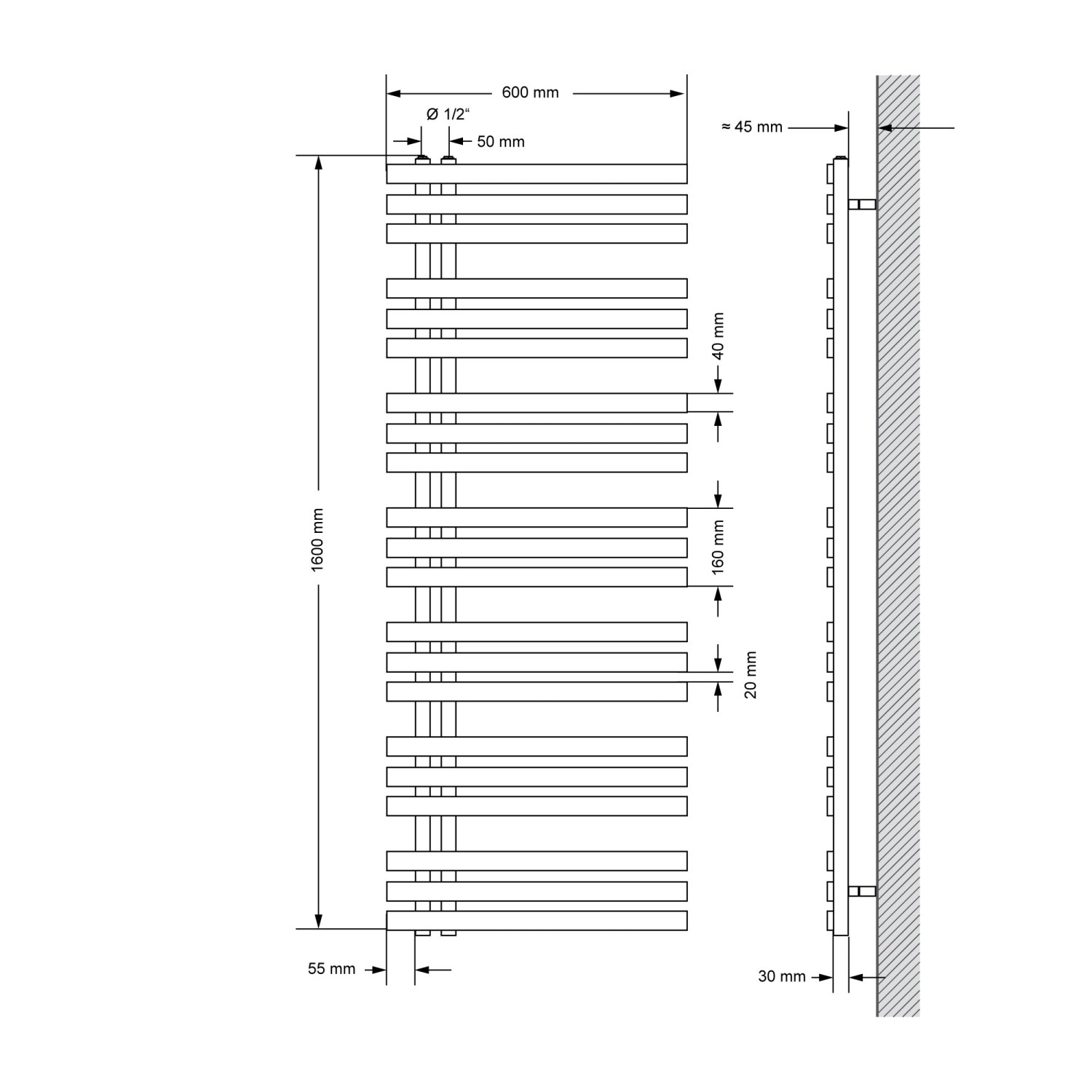 Abbildung des LuxeBath Badheizkörpers Iron 600x1600mm Anthrazit mit Maßangaben.
