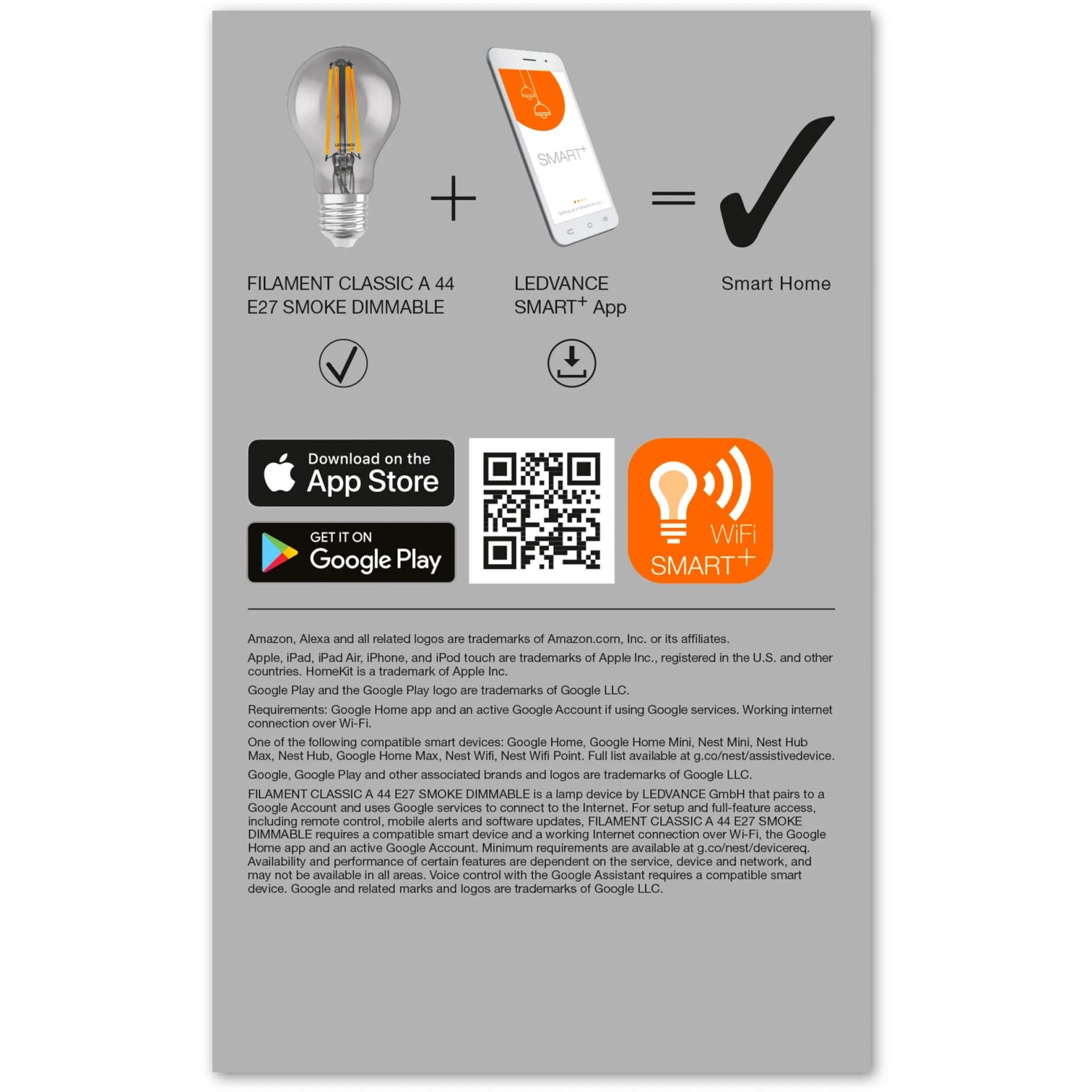 Grafik zur Ledvance Smart+ WiFi Filament Classic E27: Leuchtmittel, App und Smart Home Integration.