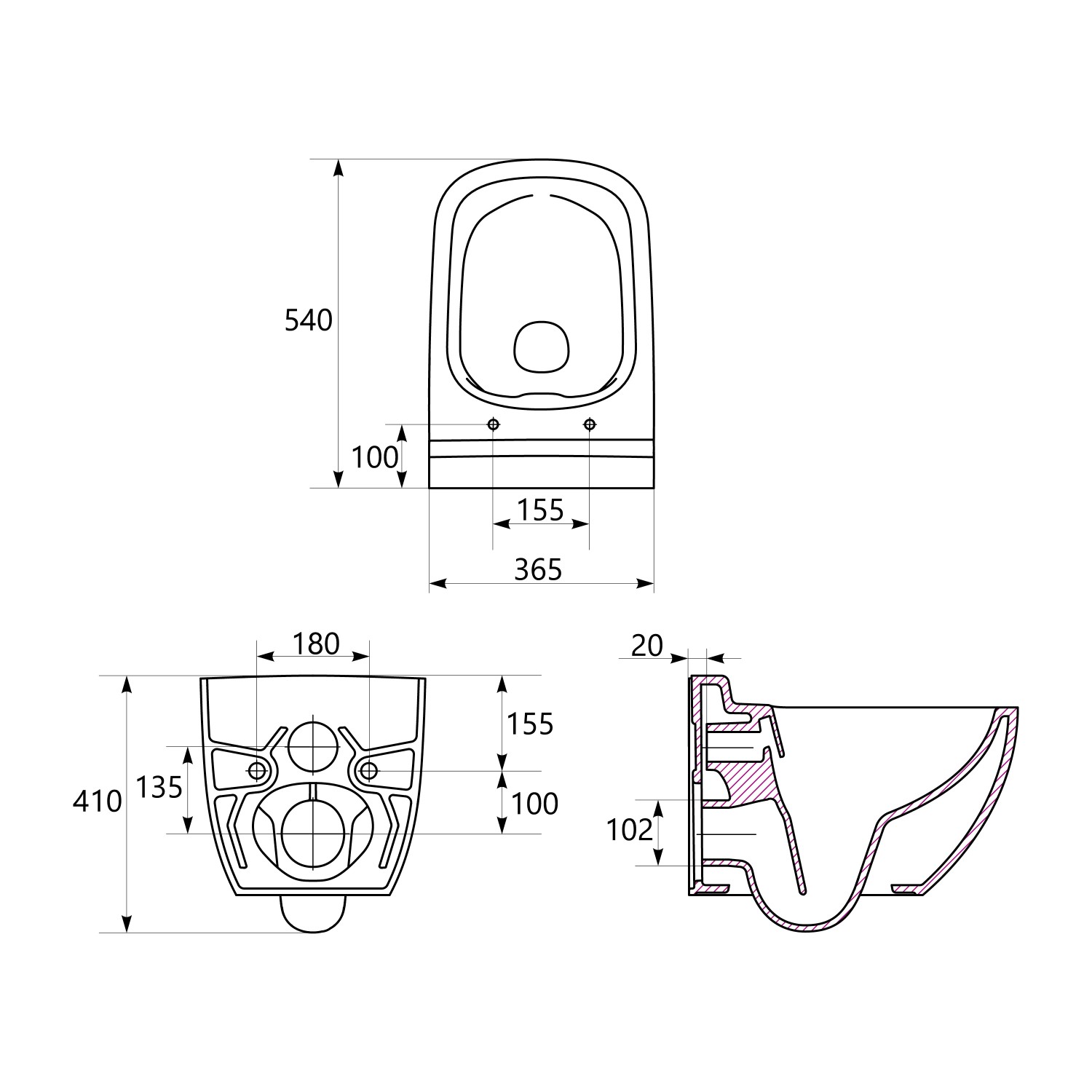 Technische Zeichnung: baliv Wand WC-Set Cleveland, spülrandlos, Maße und Ansichten.