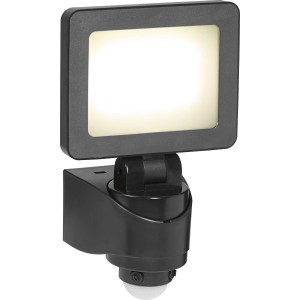 Schwarzer LED-Außenstrahler mit Sensor, flaches Design, neutralweißes Licht.