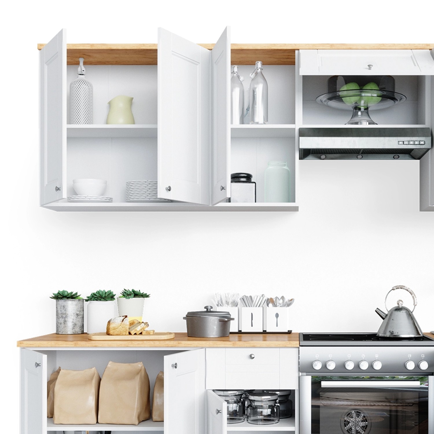 Weiße Vicco Bergamo Küchenzeile 240 cm mit Goldkraft Arbeitsplatte und offenen Schränken.