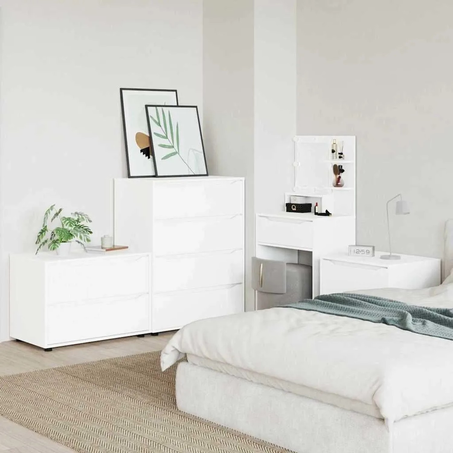 Weißer vidaXL Aufbewahrungsschrank aus Holzwerkstoff mit zwei Schubladen, 80x48x57 cm, in modernem Schlafzimmer.