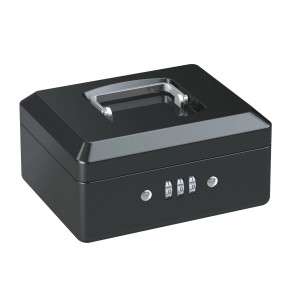 Schwarze Basi Geldkassette mit Zahlenschloss und Tragegriff. Ideal zur sicheren Aufbewahrung von Bargeld.