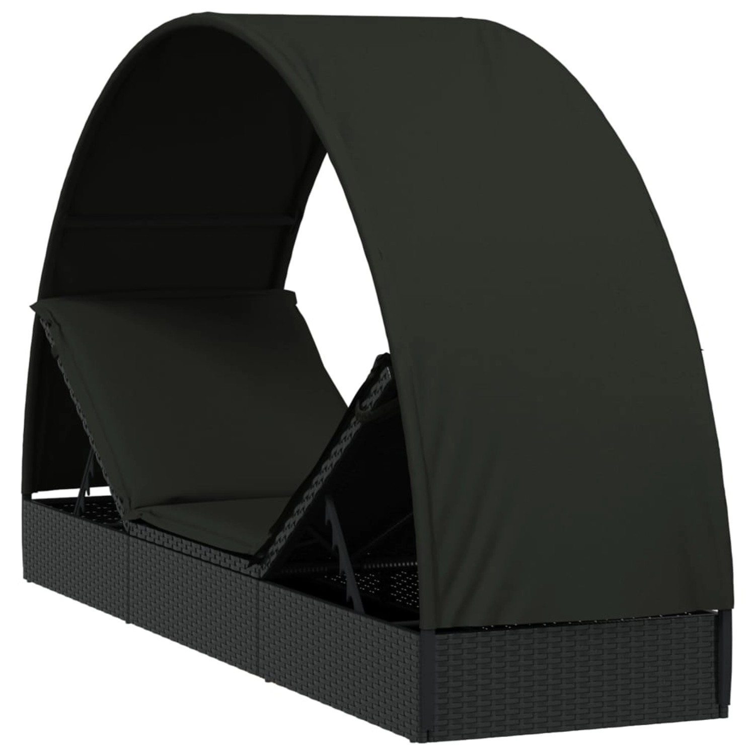 Schwarze vidaXL Sonnenliege mit Runddach aus Poly Rattan, ideal für Garten und Terrasse.