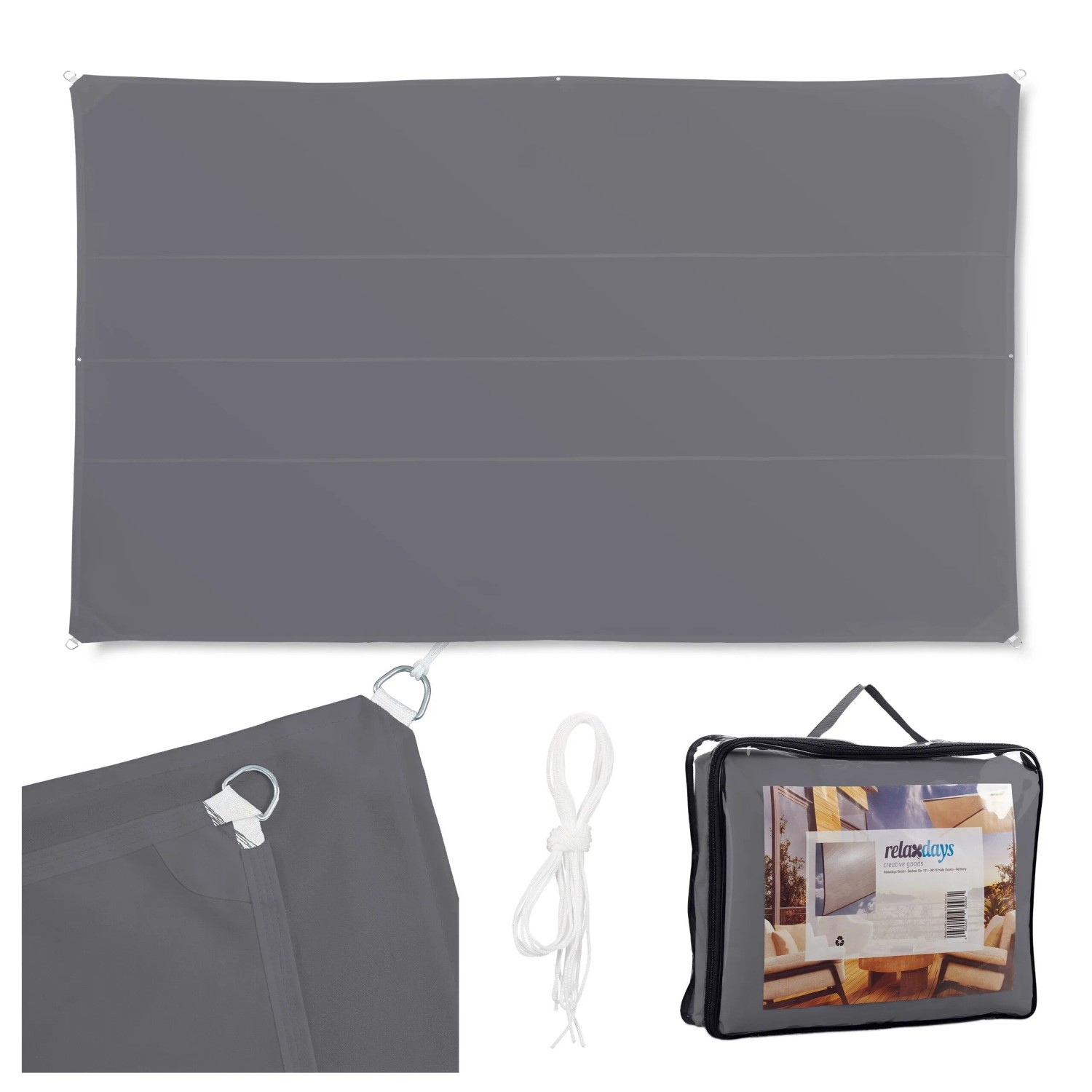Relaxdays Sonnensegel Polyester Edelstahl Grau UV-Schutz 4 x 6 m 3,9 kg