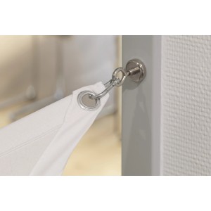 Fix-o-moll Topfmagnet mit Öse, 2er-Set, hält ein weißes Tuch an einer grauen Wand.