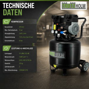 TRUTZHOLM Premium Brushless Flüsterkompressor 50L, schwarz, vertikal, 1500W, 8 Bar, 62dB. Mit Manometern & Daten.