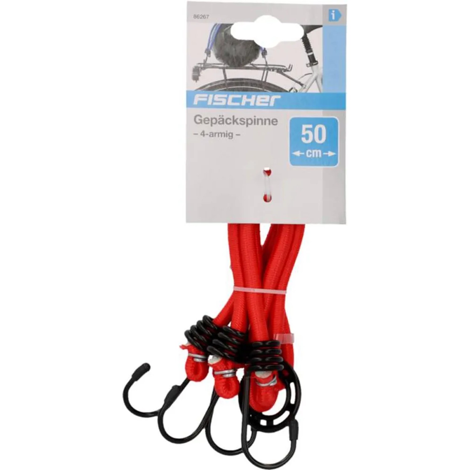 Fischer Fahrrad-Spanngurt, 4-armig, 50 cm, rot, mit Haken für Gepäckträger.