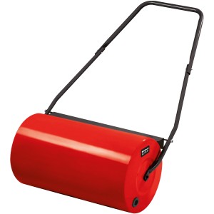 Einhell Rasenwalze GC-GR 57: Rote Gartenwalze aus Metall mit schwarzem Griff. Ideal zum Walzen von Rasenflächen.