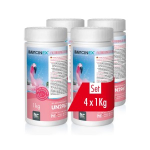 Baycinex Filterreiniger Granulat, 4er Set, je 1kg. Poolreiniger zur Entkalkung von Filtermaterialien.