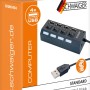 Schwaiger USB 2.0 Hub mit 4 Ports, Schalter und LED in Schwarz, Verpackung.