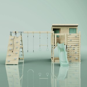 PolarPlay Spielturm Aksel mintgrün mit Schaukel, Rutsche und Kletterwand.