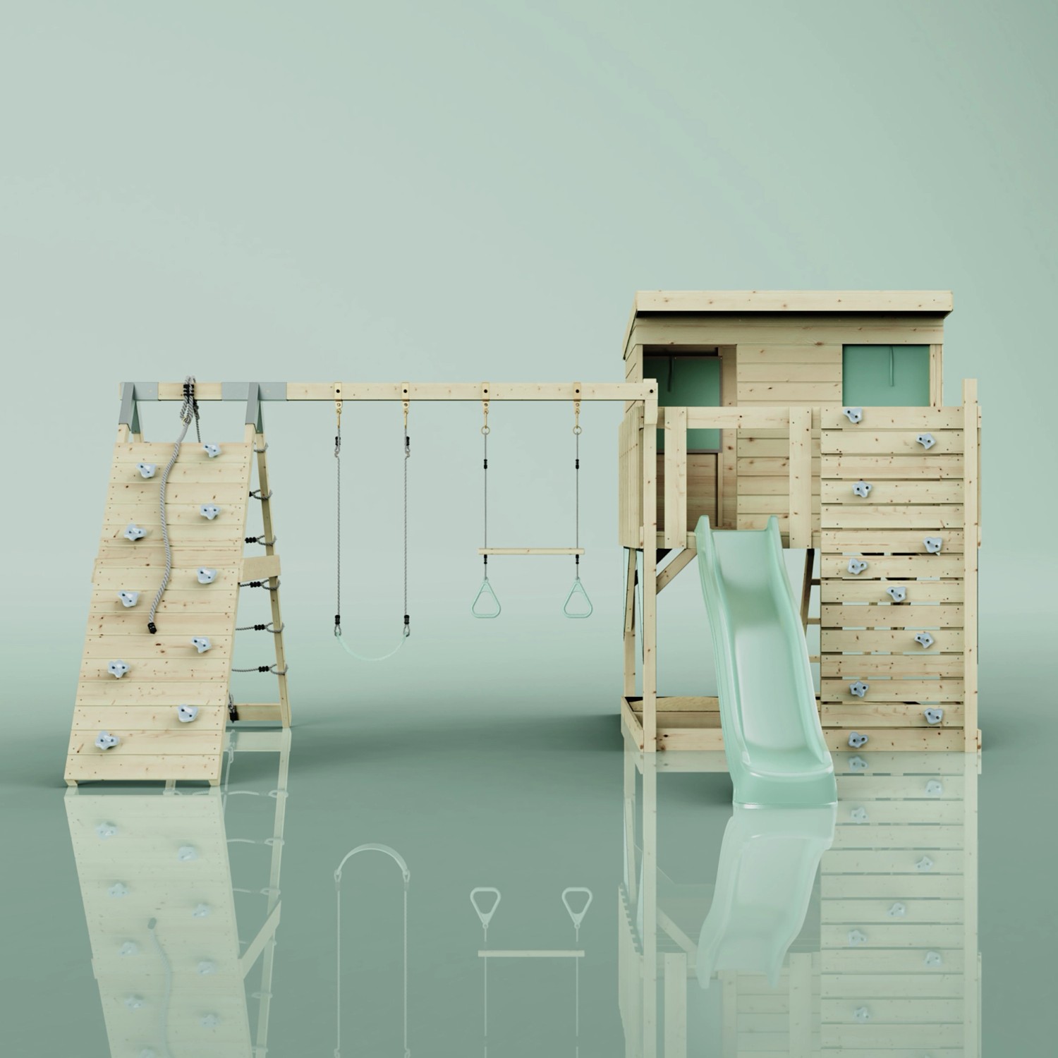 PolarPlay Spielturm Aksel mintgrün mit Schaukel, Rutsche und Kletterwand.