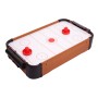 Mini Air Hockey Tisch aus Holz mit weißer Spielfläche, roten Schlägern und Puck. Inkl. Zubehör und Punktezähler.