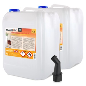 2 Kanister Flambiol Bioethanol 96,6% Premium (2x10l) mit Einfüllstutzen für Ethanolkamin.