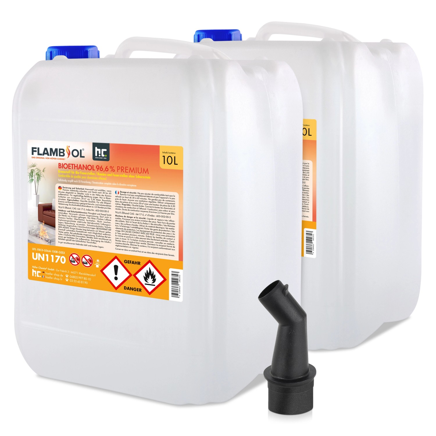 Flambiol Bioethanol 96,6% Premium für Ethanolkamin in Kanistern 2 x 10l