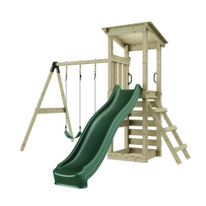 Rebo Spielturm Neapel Natur mit Rutsche, Schaukel und Kletterwand aus Holz.