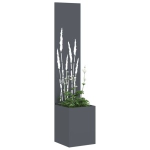 Anthrazitfarbener vidaXL Garten Sichtschutz mit Pflanzenkasten und dekorativen Aussparungen.
