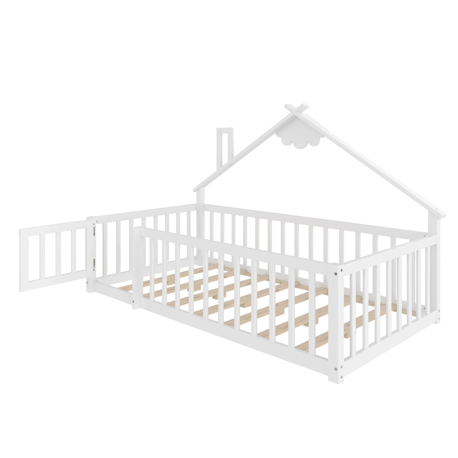 okwish Kinderbett 90x190cm mit Hausleiste und Geländer Kinderzimmer Weiß ohne Matratze