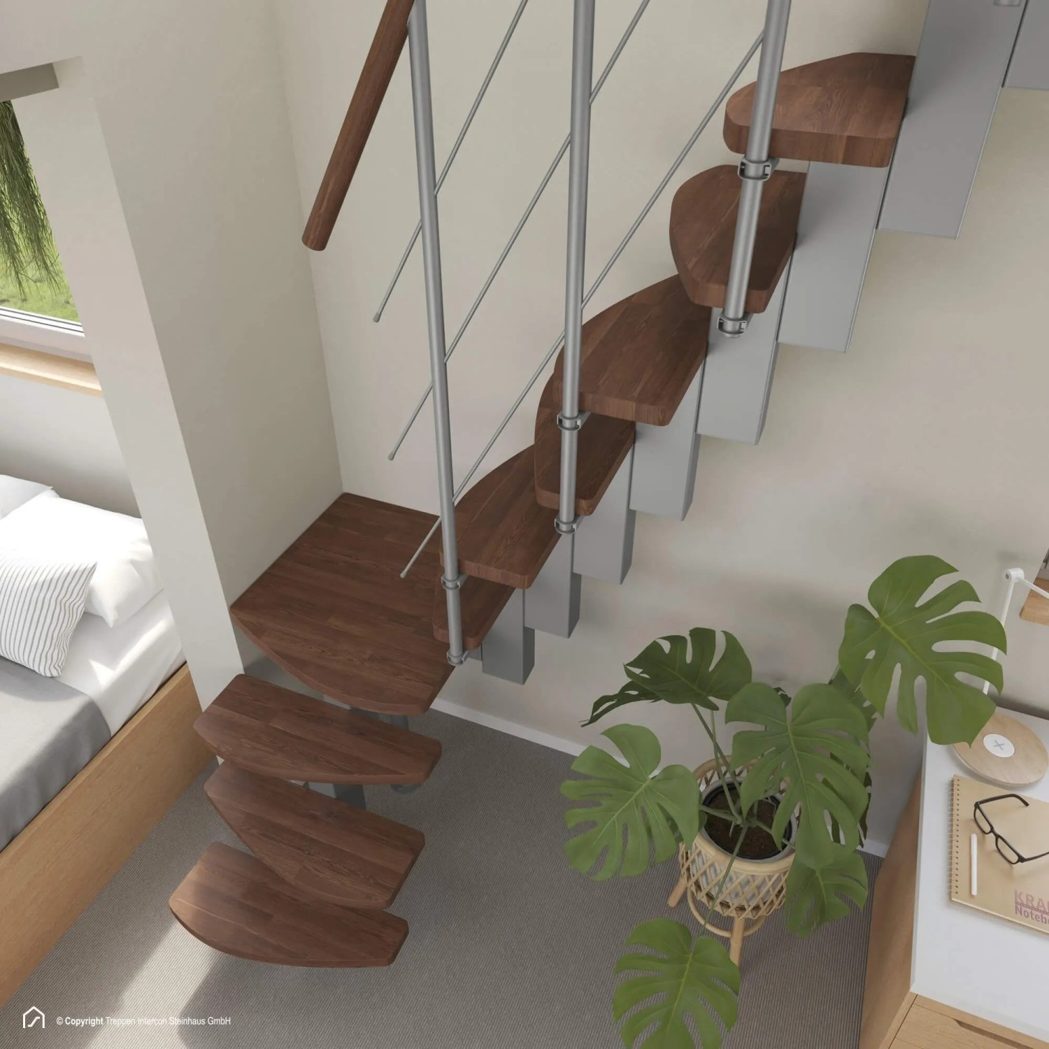 Moderne Intercon Raumspartreppe Quadro mit 13 dunklen Buche-Stufen, Italo-Silber Metall und einseitigem Geländer im Wohnraum.