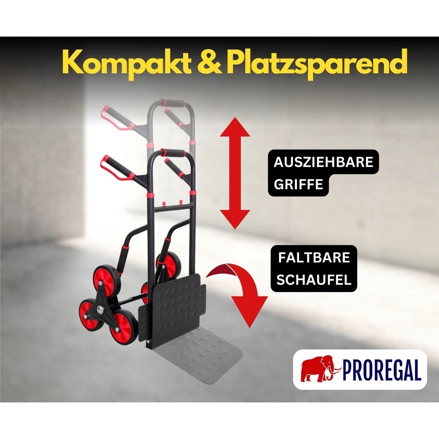 PROREGAL Treppensteiger TAURUS mit klappbarer Schaufel und ausziehbaren Griffen, rot-schwarz.