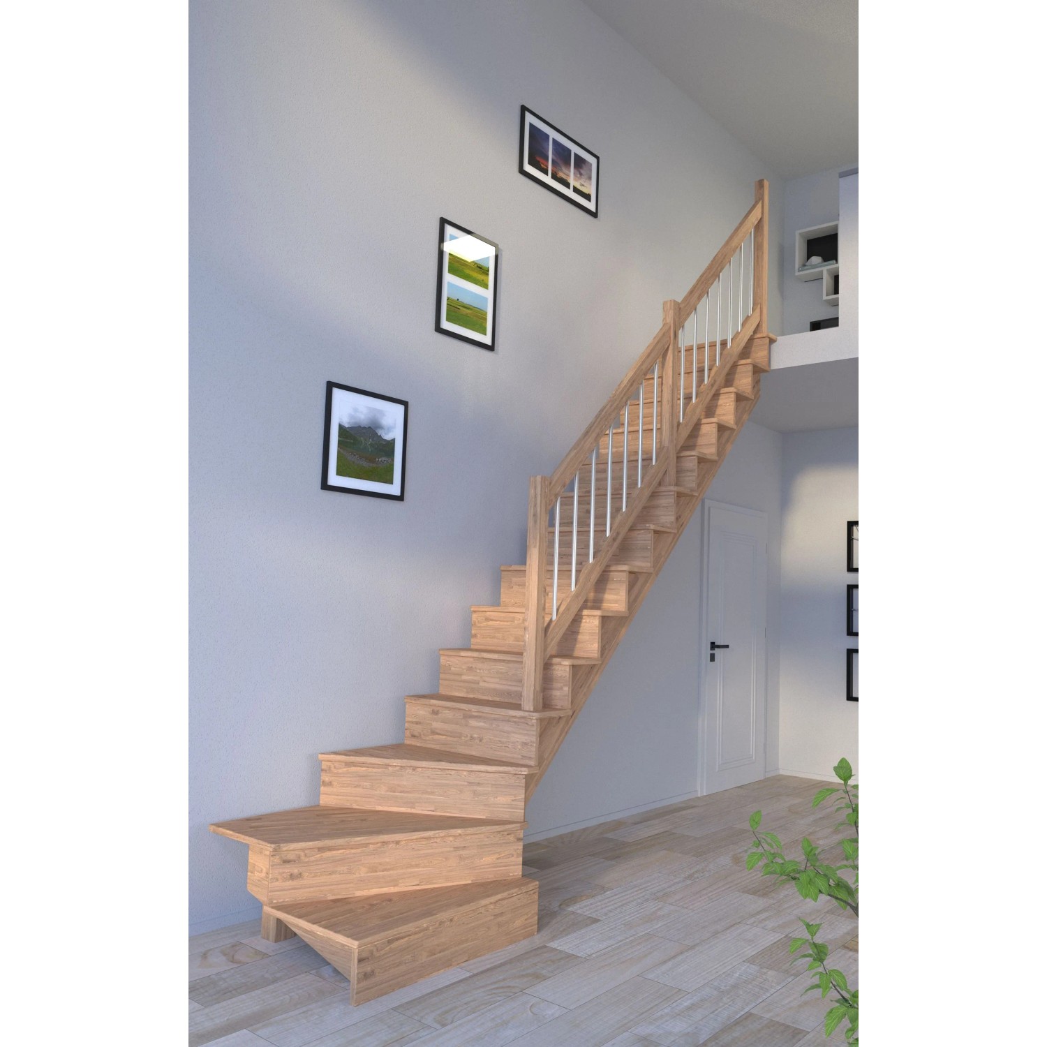 Gewendelte Treppe Lindos Eiche rechts mit Holz-Edelstahl-Geländer und Setzstufen, 100 cm breit.