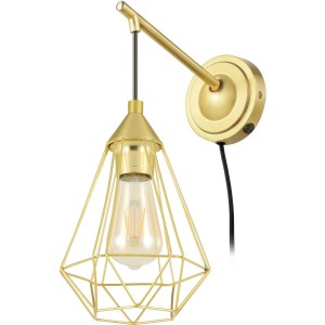 Moderne Wandleuchte Tarbes in Messing gebürstet mit Drahtschirm in Diamantform.