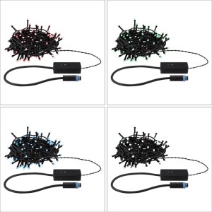 Paulmann Yuna Plug & Shine RGB LED-Lichterkette, 10m, schwarz, zeigt verschiedene Lichtfarben.