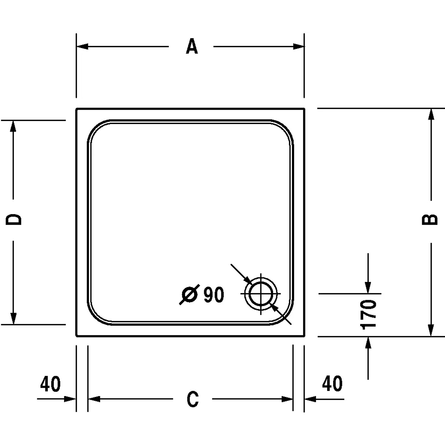 Technische Zeichnung der Duravit D-Code Duschwanne, 80x80 cm, mit Maßangaben.