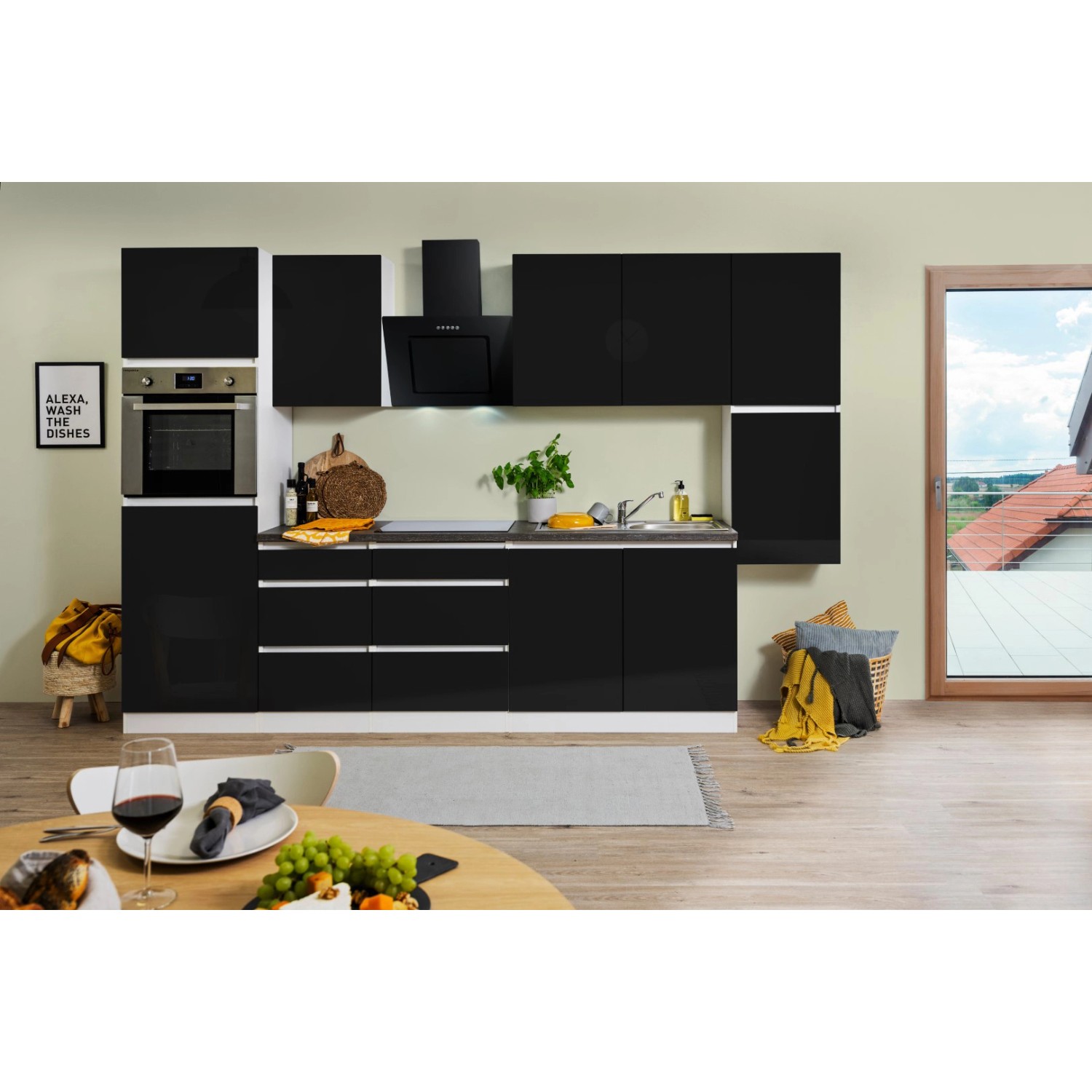 Respekta Küchenzeile/Küchenblock ohne E-Geräte 320 cm Grifflos Schwarz Hochglanz-Weiß