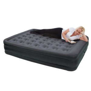 Aufblasbares Gästebett in Schwarz-Beige mit beflockter Oberfläche, ideal für Camping und Zuhause.