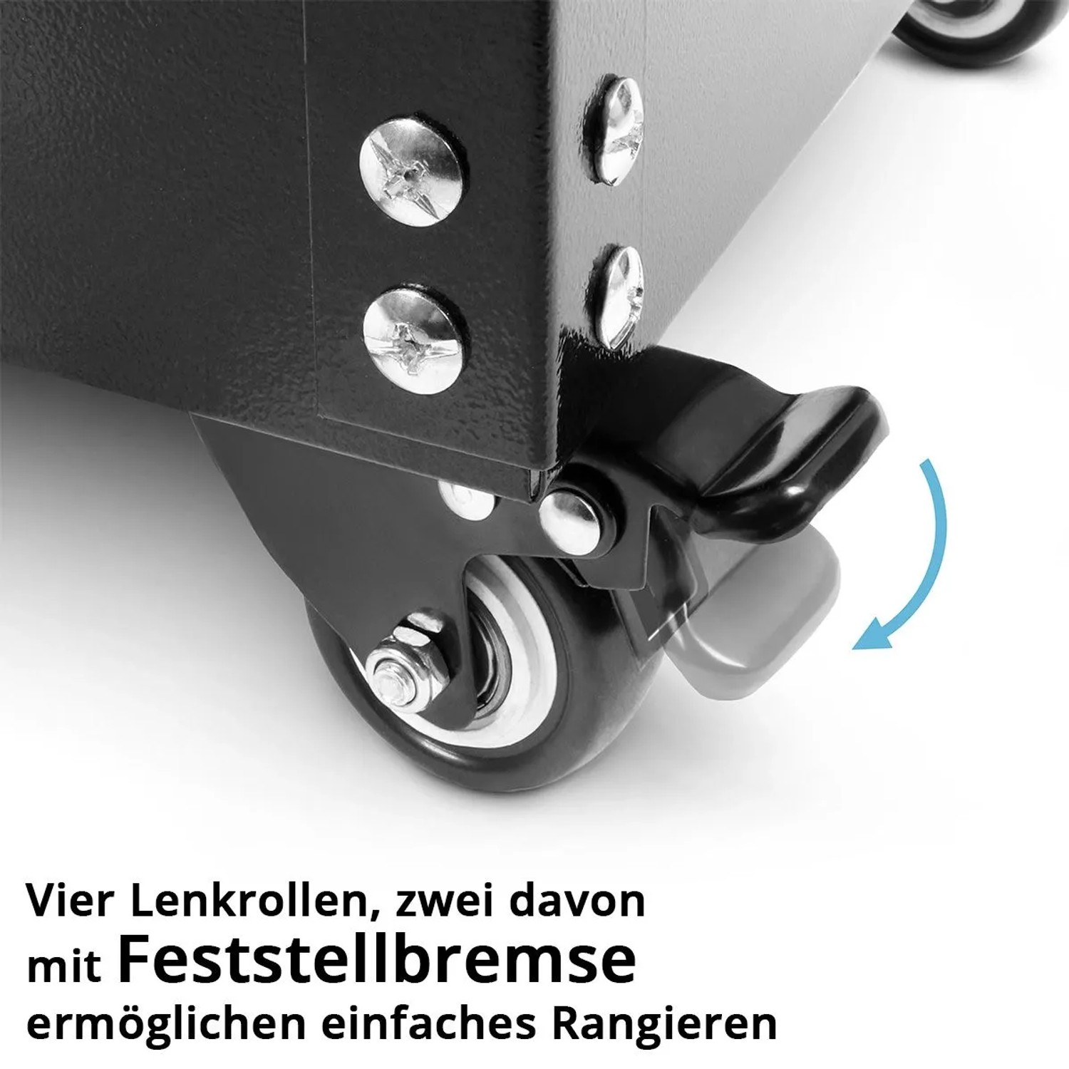 Detailaufnahme: Lenkrolle mit Feststellbremse am STAHLWERK Werkzeugwagen für sicheren Stand.