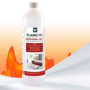 Flasche Flambiol Bioethanol 100% (1l) für Edelstahl-Tischkamine. Brennstoff für Dekofeuer & Kamine.