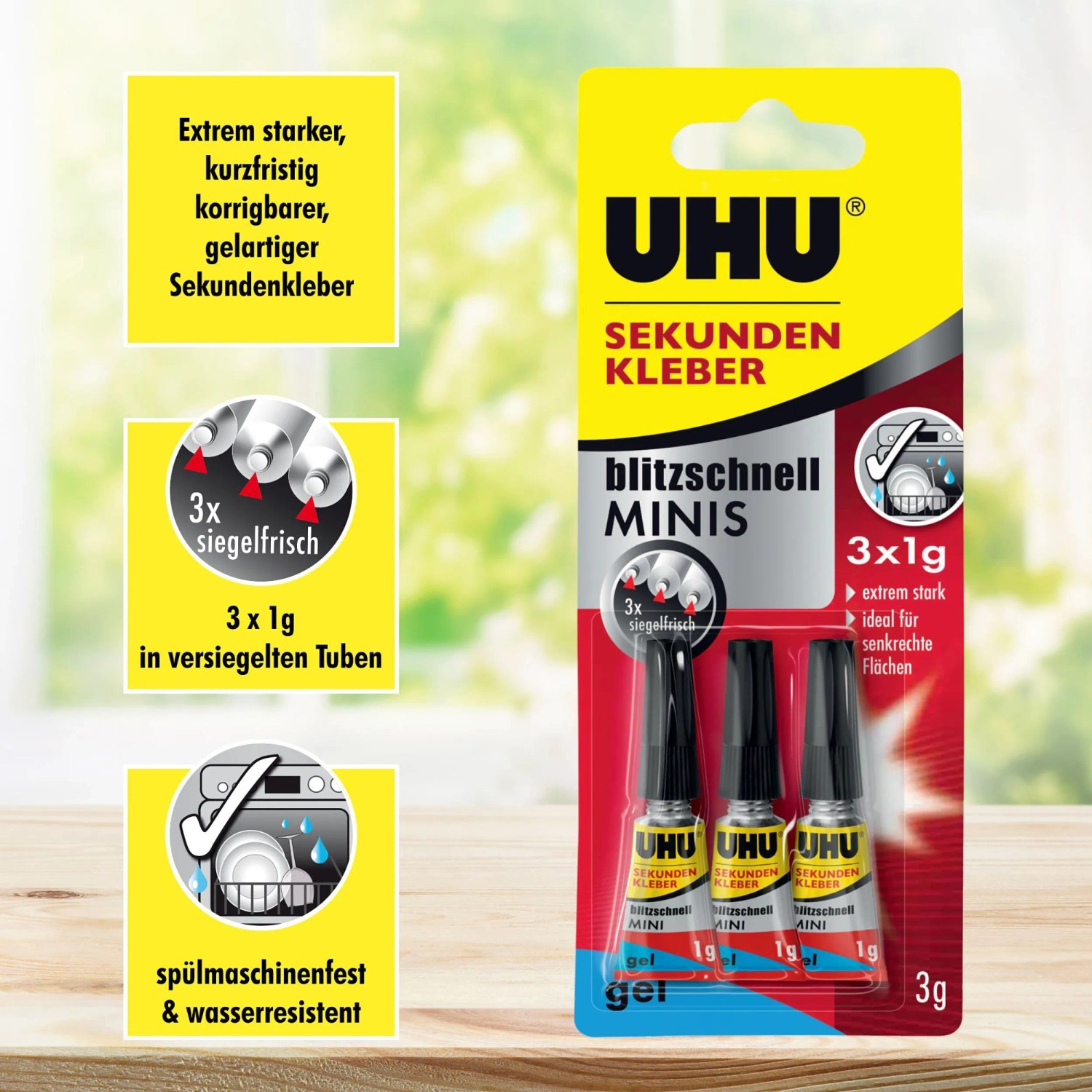 Uhu Sekundenkleber Blitzschnell Minis Gel, 3 Tuben à 1g. Gelartiger Kleber für präzises Kleben.