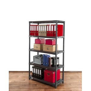 Graues PROREGAL Kunststoffregal Grey Bear Tall mit 5 Böden, beladen mit Ordnern und Boxen.