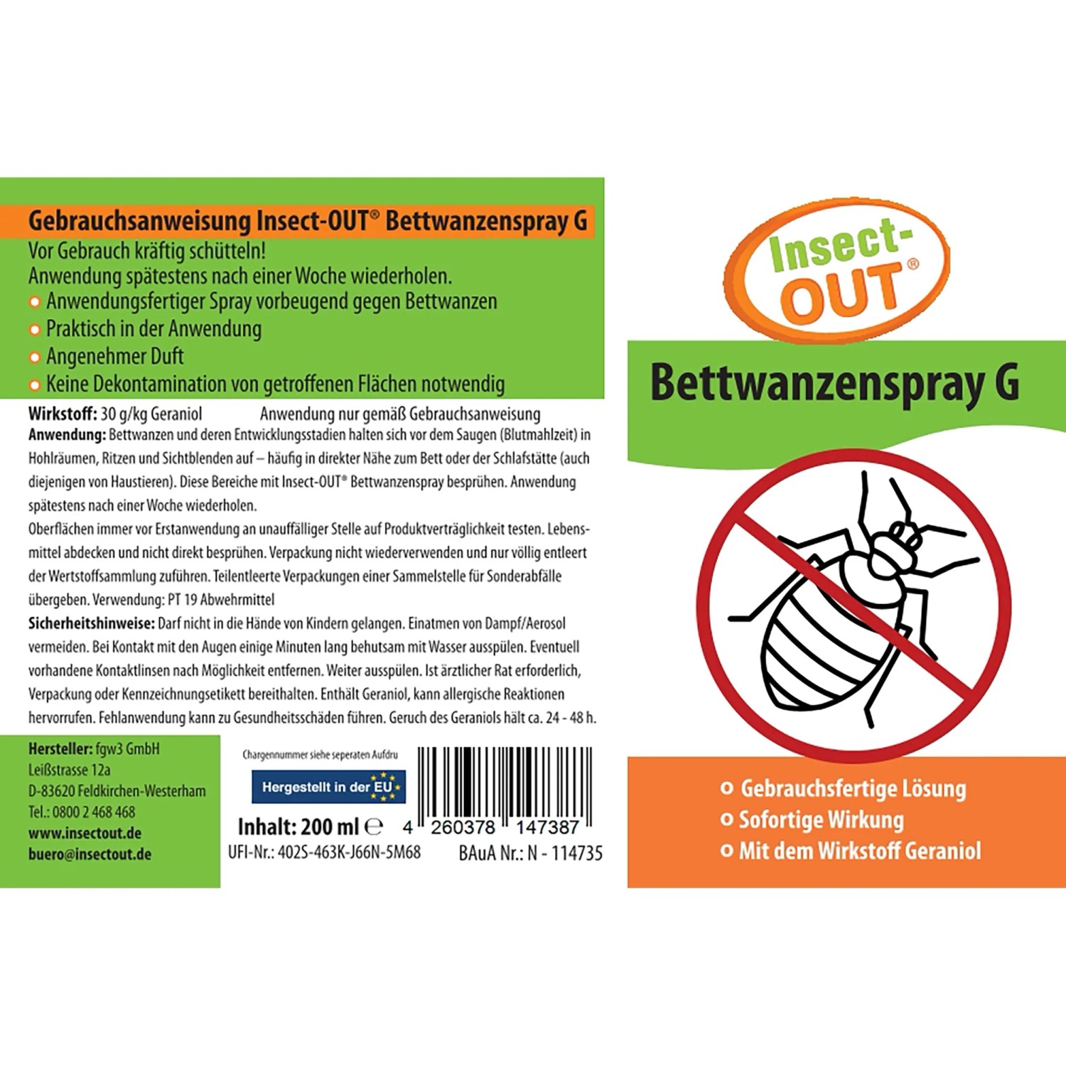 Insect Out Bettwanzenspray G 200ml zur Bekämpfung von Bettwanzen und deren Entwicklungsstadien.
