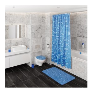 Blauer Badewannenstöpsel Tautropfen von Sanilo im Badezimmer-Set mit Duschvorhang und Badematte.