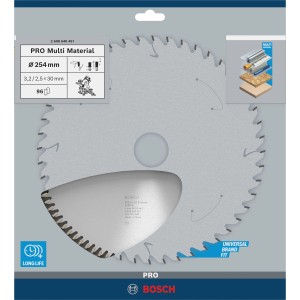 Bosch Kreissägeblatt Multi Material, 254 mm, 96 Zähne, für präzise Schnitte in verschiedenen Materialien.