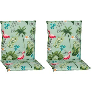 2er-Set Beo Sitzauflagen Genua für Niedriglehner, hellgrün mit Flamingo- und Palmenmuster.