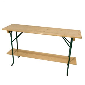 Klappbarer Steh-Bierzelttisch, 200x60 cm, aus Nadelholz mit grünem Metallgestell.