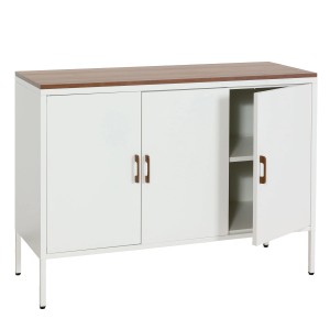 Weiße MCW Kommode L84-3 mit drei Türen, Holzplatte und Metallgestell. Schubladenkommode mit Stauraum.