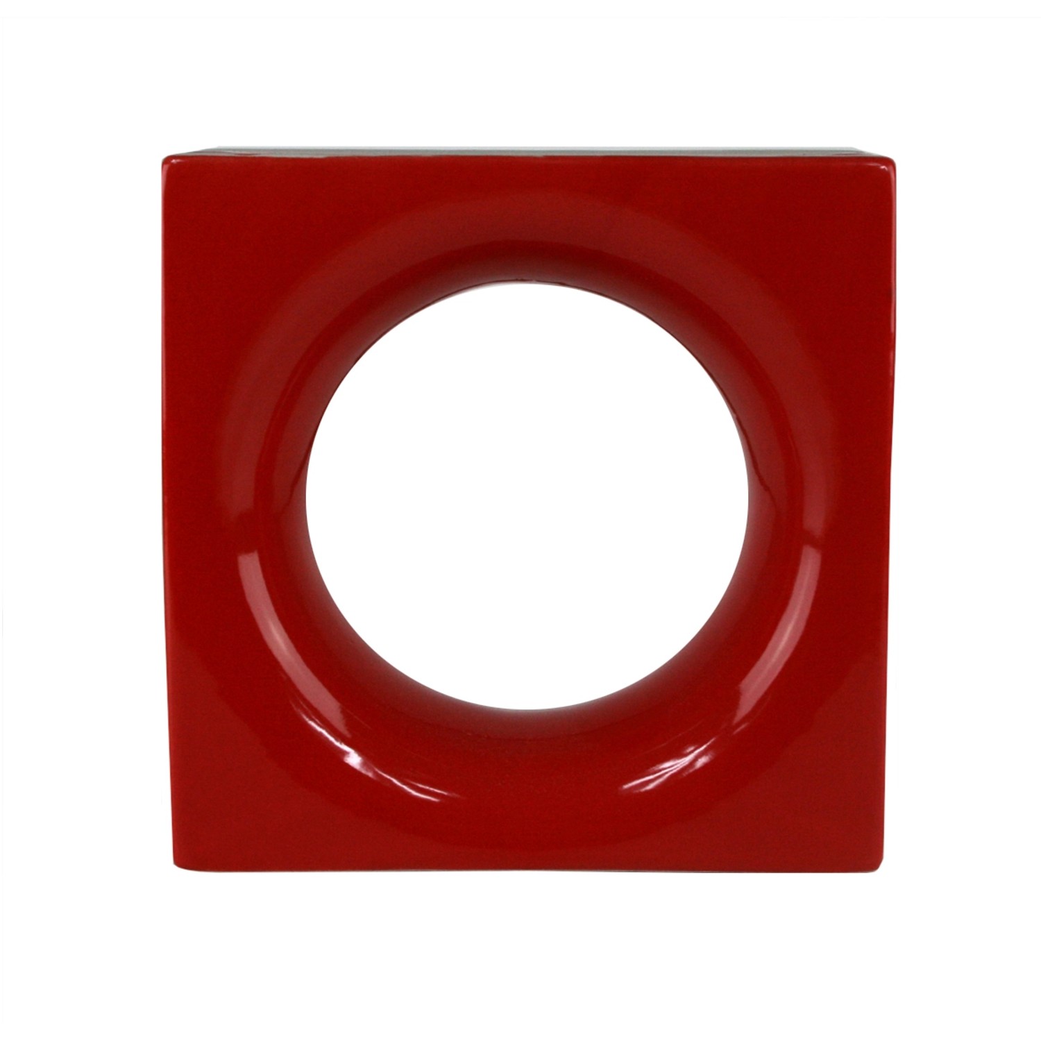 Roter Keramikstein Loop, quadratisch mit runder Öffnung, 19x19x8 cm, Deko-Element für den Innenbereich.