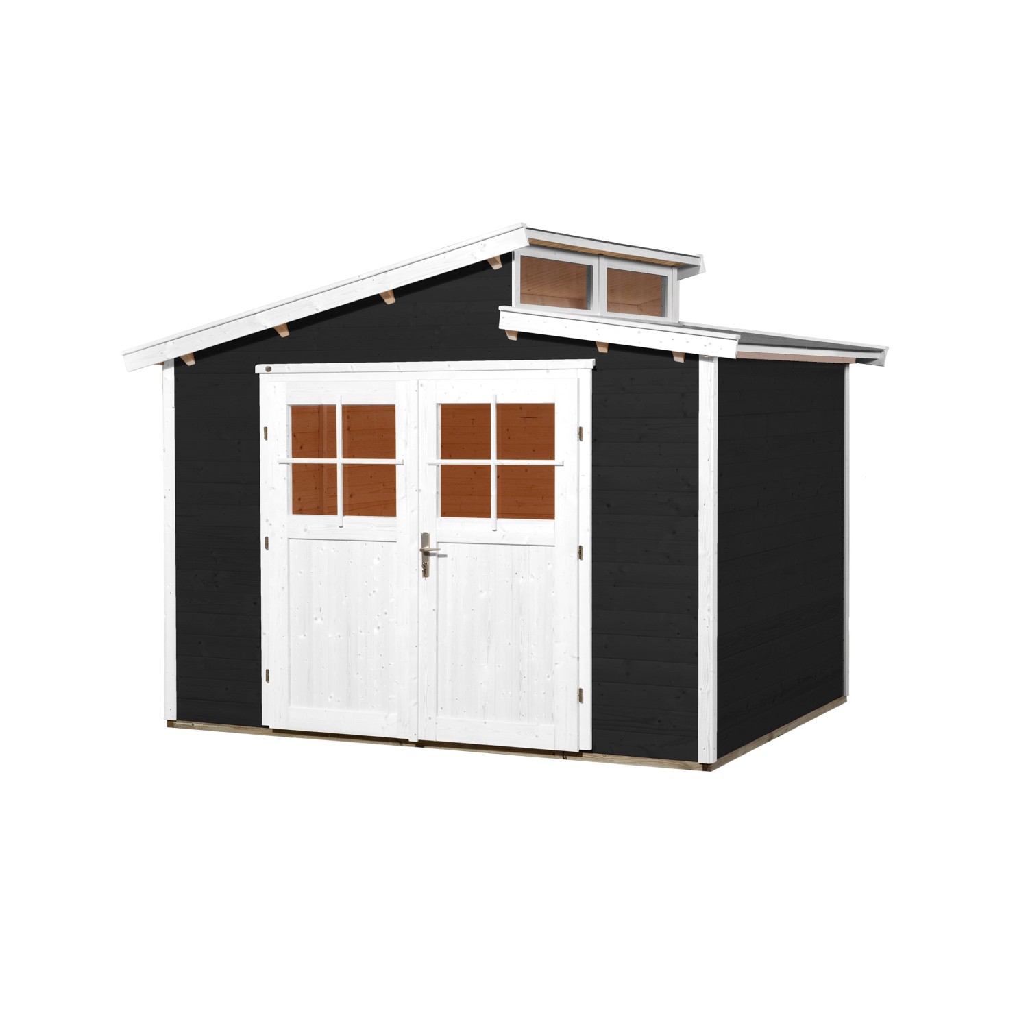 Modernes, anthrazitfarbenes Weka Holz-Gartenhaus mit Pultdach und Doppeltür.