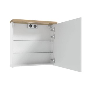Weißer Spiegelschrank 60x60cm mit offener Tür, LED-Beleuchtung, Holzplatte, Glasböden und Steckdose innen. SoftClose System.