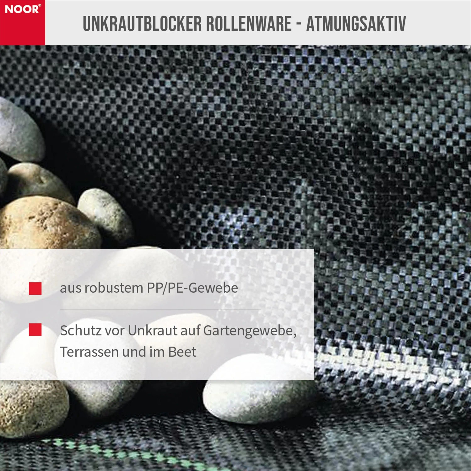 Noor Unkrautblocker Profirolle, 105 g/m², aus Polypropylen (PP) mit Steinen, für Garten, Terrasse und Beet.