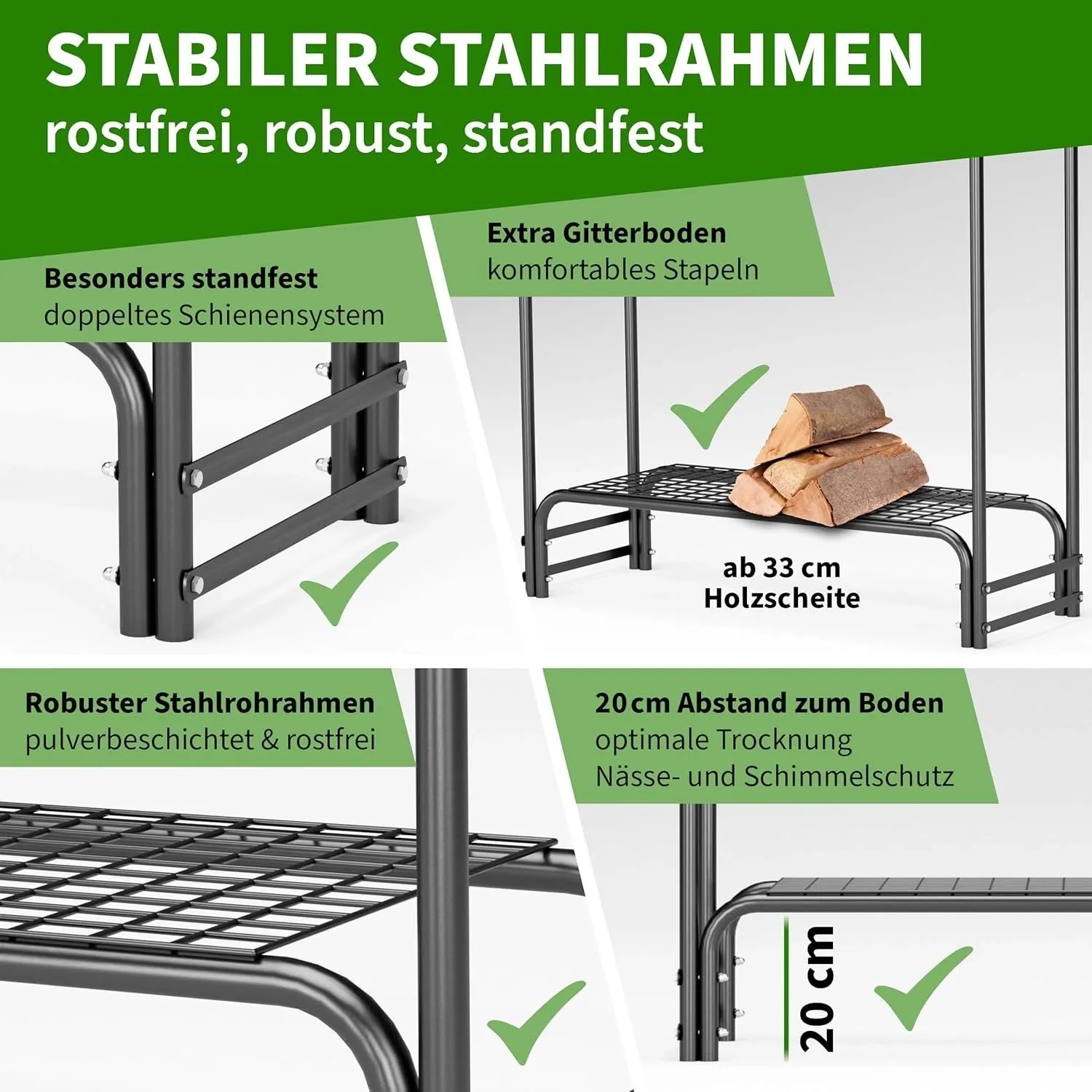 Detailaufnahme Kaminholzregal S von TTL Garden: Stahlrahmen, Gitterboden, Holzscheite, Schutz vor Nässe und Schimmel.