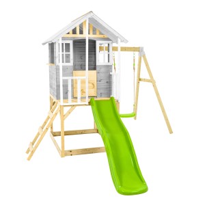 Zwerkules Spielhaus Valli mit Rutsche, Schaukel, grauem Holz und Leiter. Ideal für Kinder.