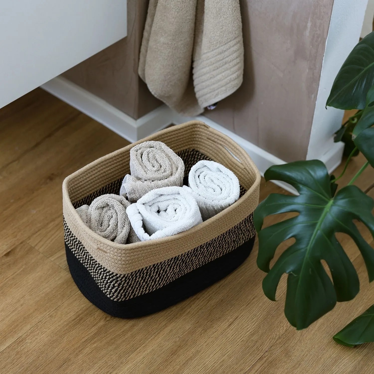 HMF 39010-37CM-81 Aufbewahrungskorb Versteckten Griffen 3er Set Korb Baumwolle 37 x 25 x 22 cm Schwarz-Honig_6